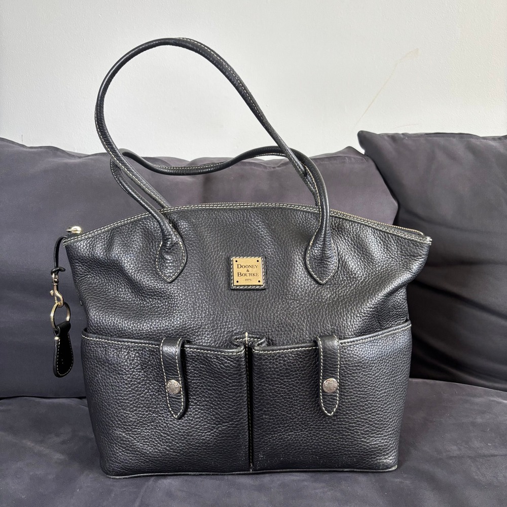 Dooney & Bourke Black Pebble Leather Tote Shoulder Bag with Front Pockets